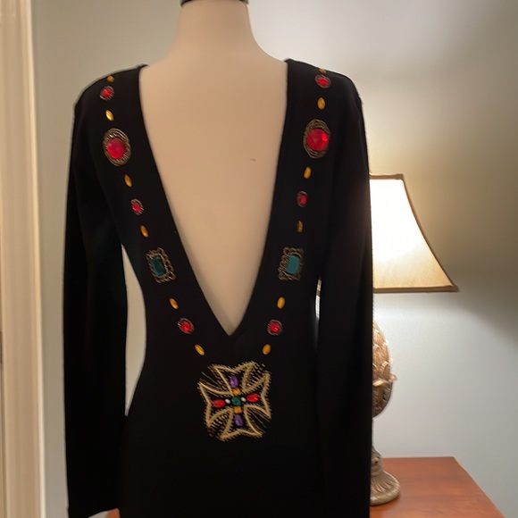 Black Dressy Dress with Jewels and sexy Back Deep V• Great For Holiday - Picture 2 of 16